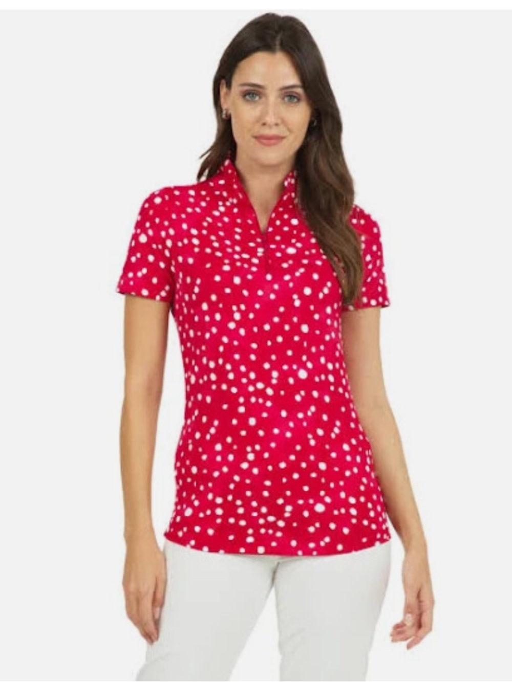 IBKUL Red with White Polka Dot Short Sleeve Mock Neck Golf Top XL